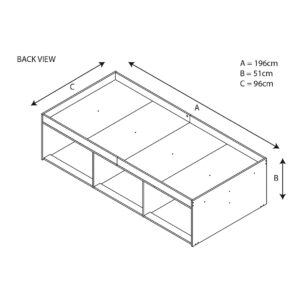 Kudl low cabin bed rear-view line diagram showing the open under-bed sections and dimensions