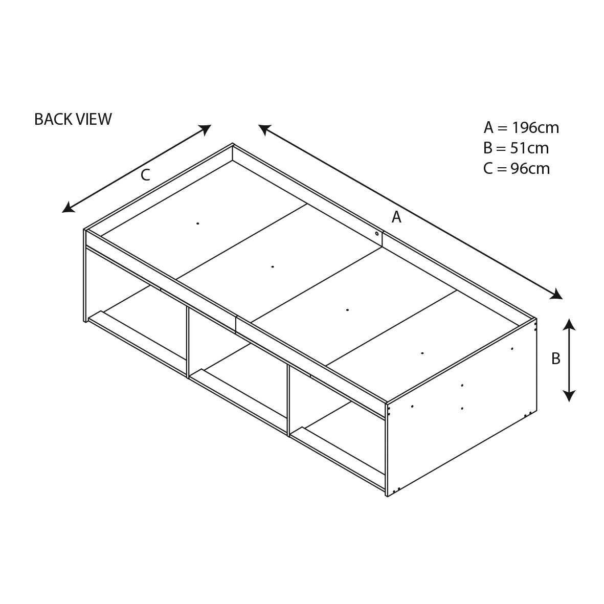 Kudl low cabin bed rear-view line diagram showing the open under-bed sections and dimensions