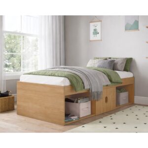 Kudl low oak effect cabin bed with storage in a child's bedroom, storage boxes in the open niches