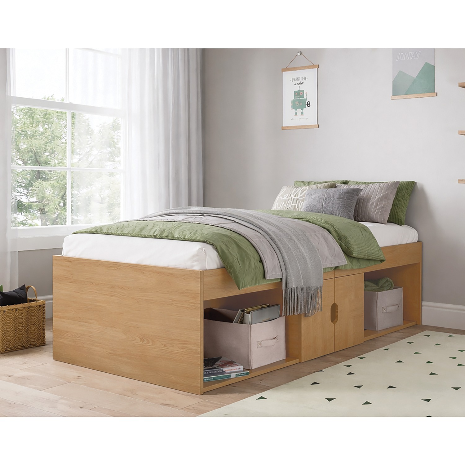 Kudl low oak effect cabin bed with storage in a child's bedroom, storage boxes in the open niches