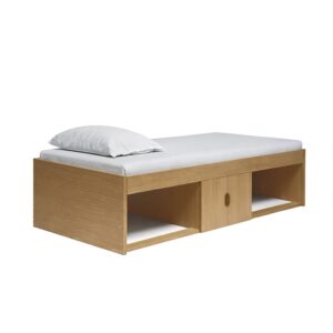 Kudl low oak cabin bed at an angle showing two open niches and a central cupboard, white background