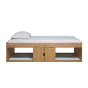 Kudl low oak cabin bed front view with two-door central cupboard, white background