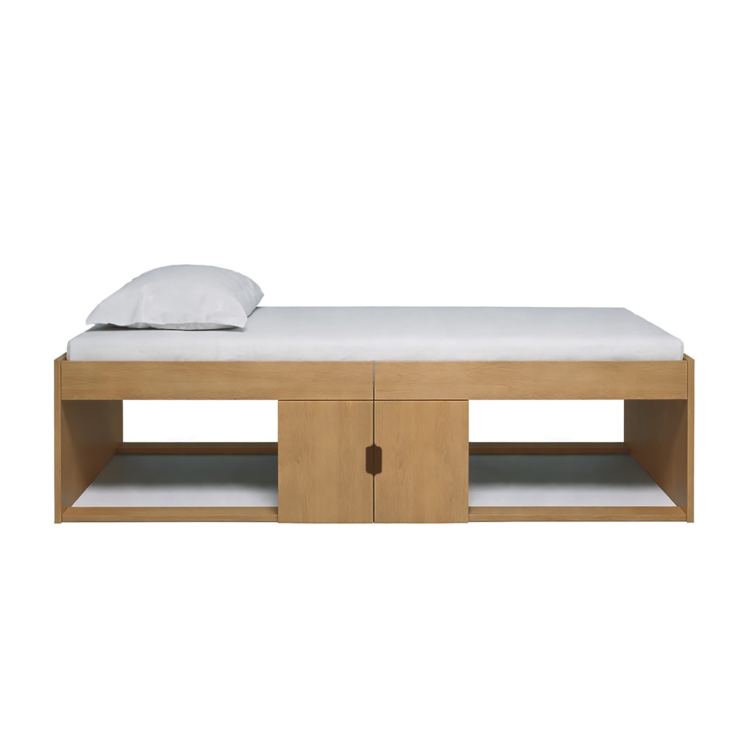 Kudl low oak cabin bed front view with two-door central cupboard, white background