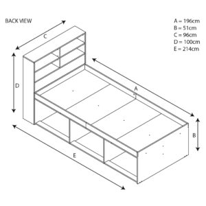 Kudl low cabin bed with bookcase headboard, rear-view diagram with dimensions