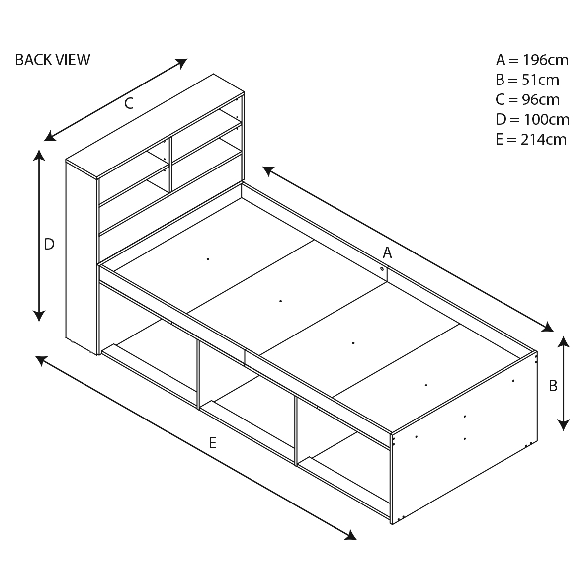 Kudl low cabin bed with bookcase headboard, rear-view diagram with dimensions
