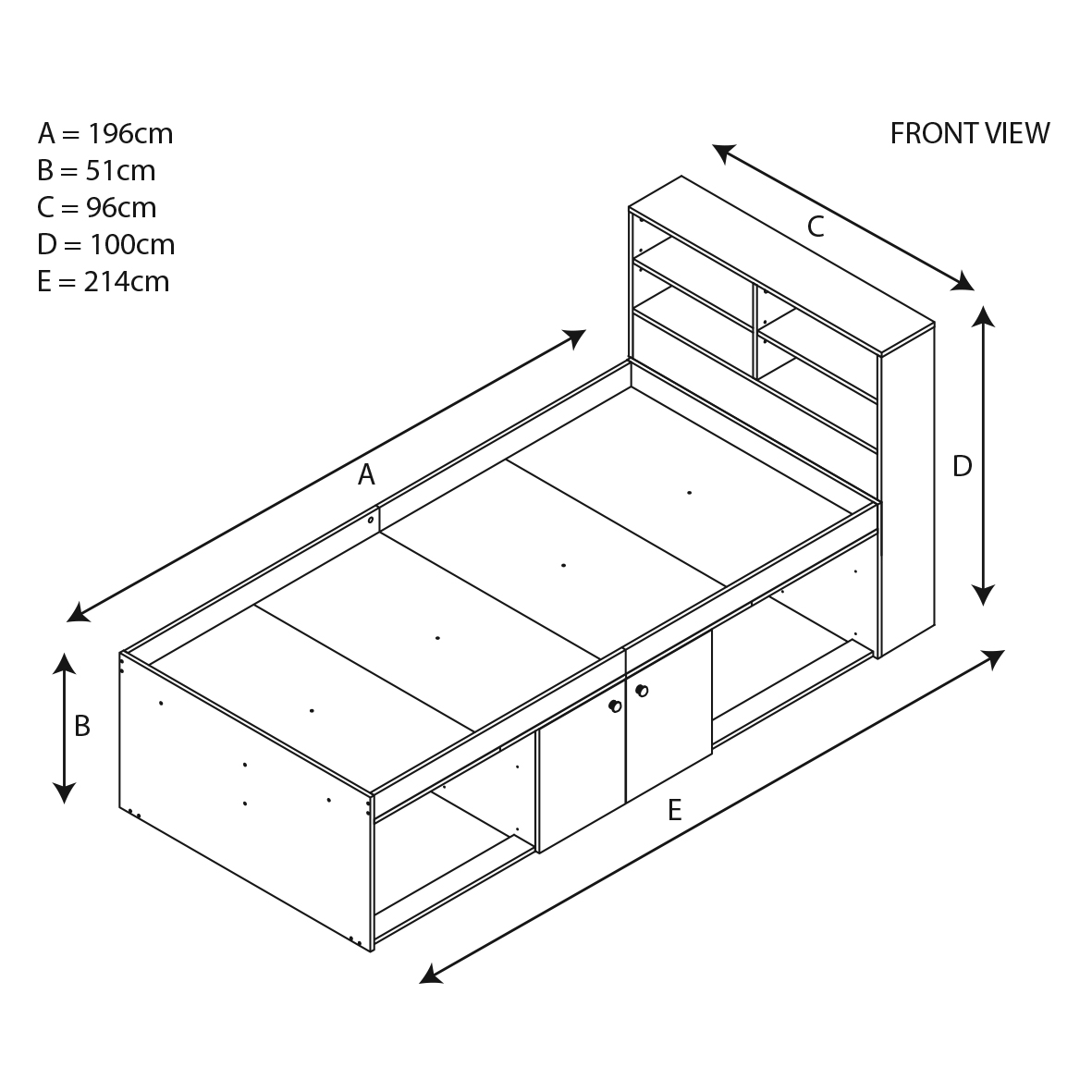 Kudl low cabin bed with bookcase headboard, front-view diagram: 214 cm long, 96 cm wide, 100 cm to top of headboard