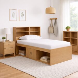 Kudl low oak effect cabin bed with bookcase headboard in a bright child's bedroom, books stored in the open niches