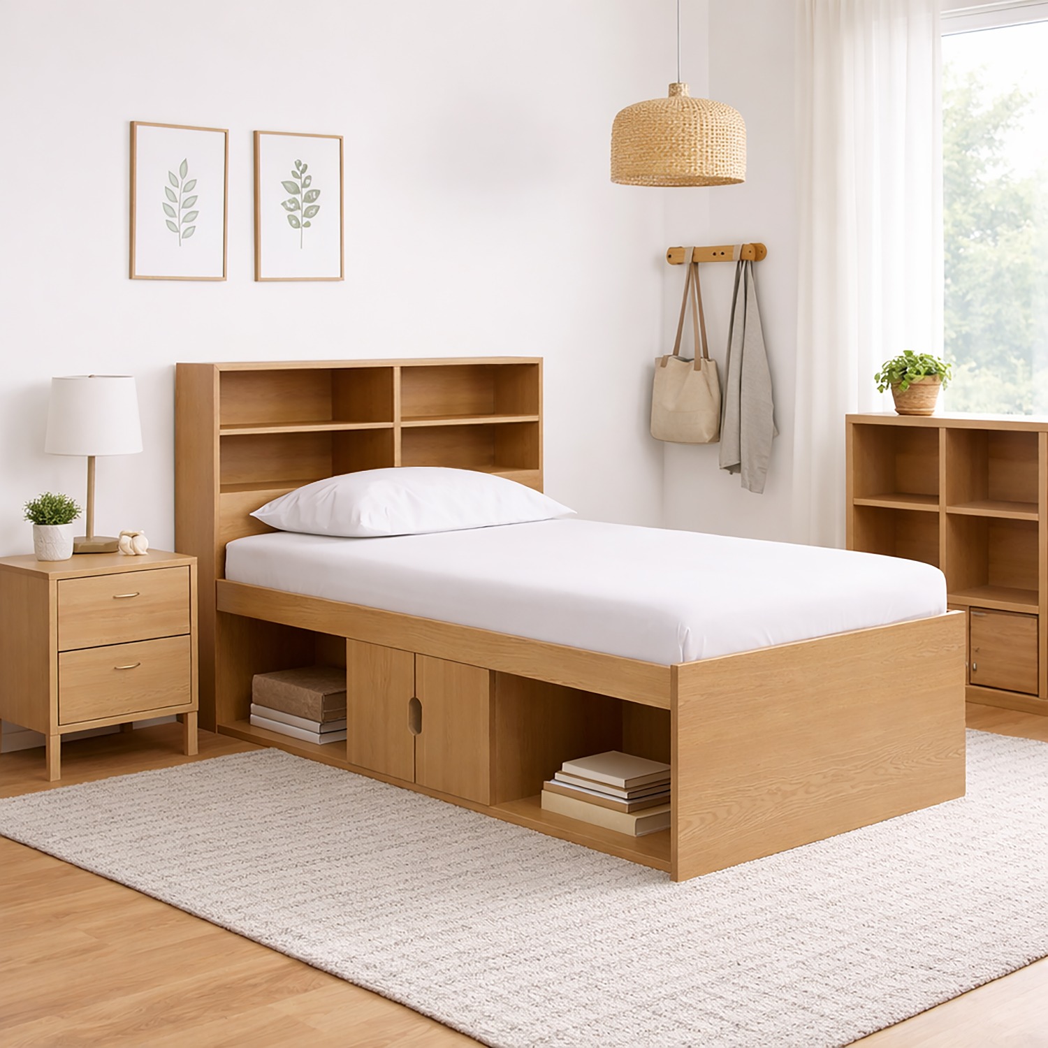 Kudl low oak effect cabin bed with bookcase headboard in a bright child's bedroom, books stored in the open niches