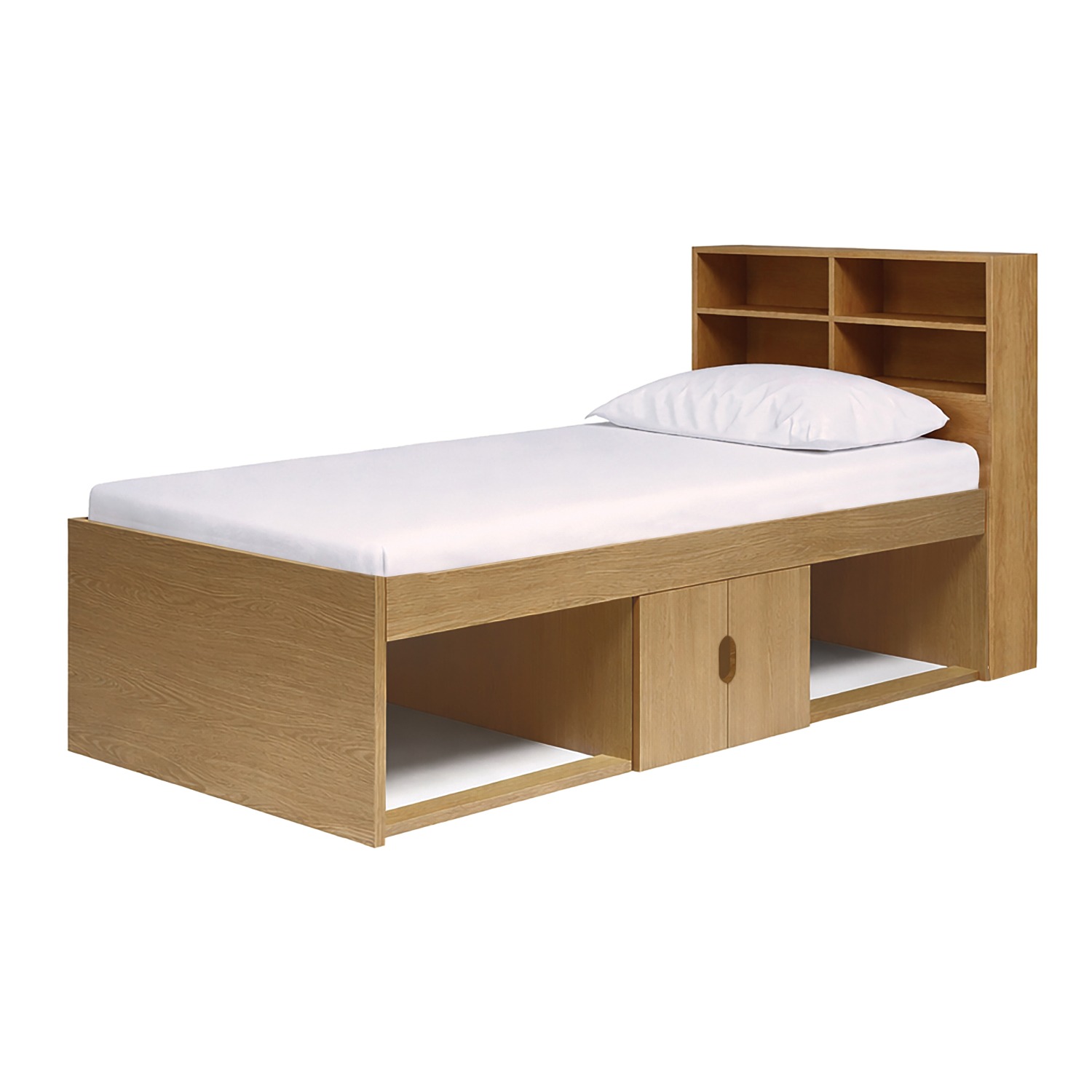 Kudl low oak cabin bed with open niches, two-door central cupboard and four-cubby headboard, white background
