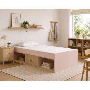 Kudl pink and oak low cabin bed in a Scandinavian-style child's bedroom, books in the open niches