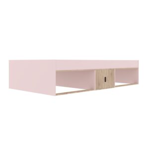 Kudl two-tone cabin bed at an angle: pink frame with oak-effect cupboard doors, white background