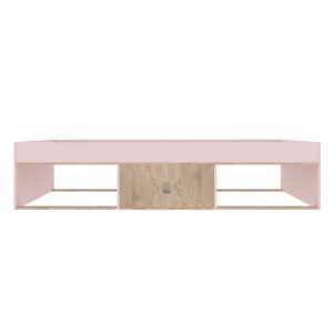 Kudl pink and oak cabin bed front view showing the two open niches and oak-effect central cupboard
