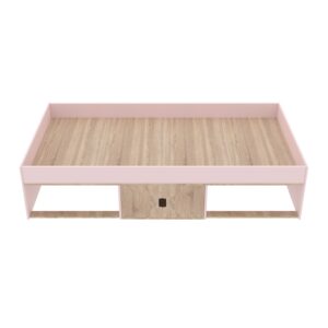 Kudl pink and oak cabin bed from above showing the oak-effect mattress platform inside the pink frame