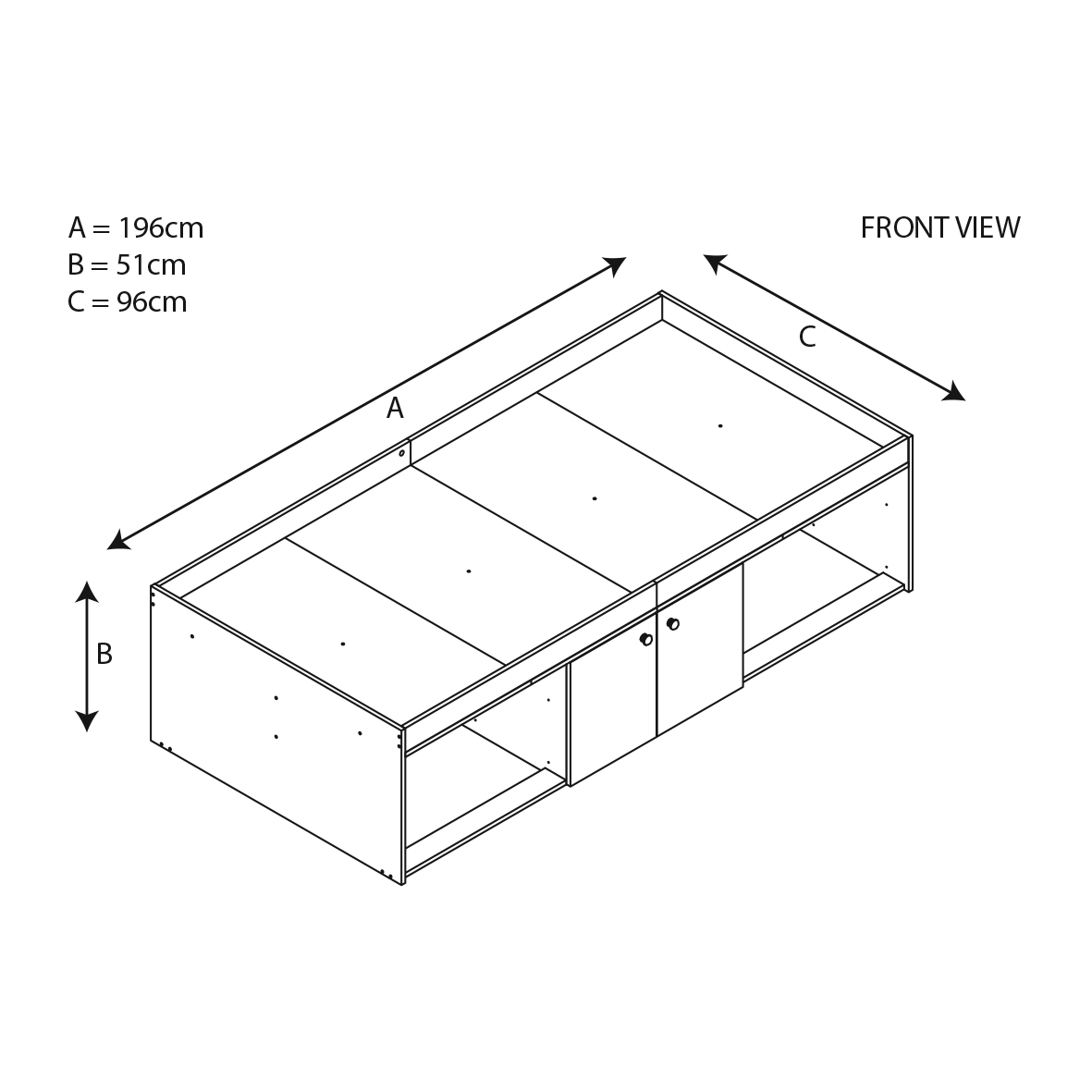 Kudl low cabin bed front-view line diagram: length 196 cm, height 51 cm, width 96 cm