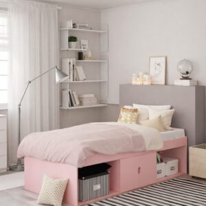 Kudl low pink cabin bed with storage in a child's bedroom, storage boxes in the open niches