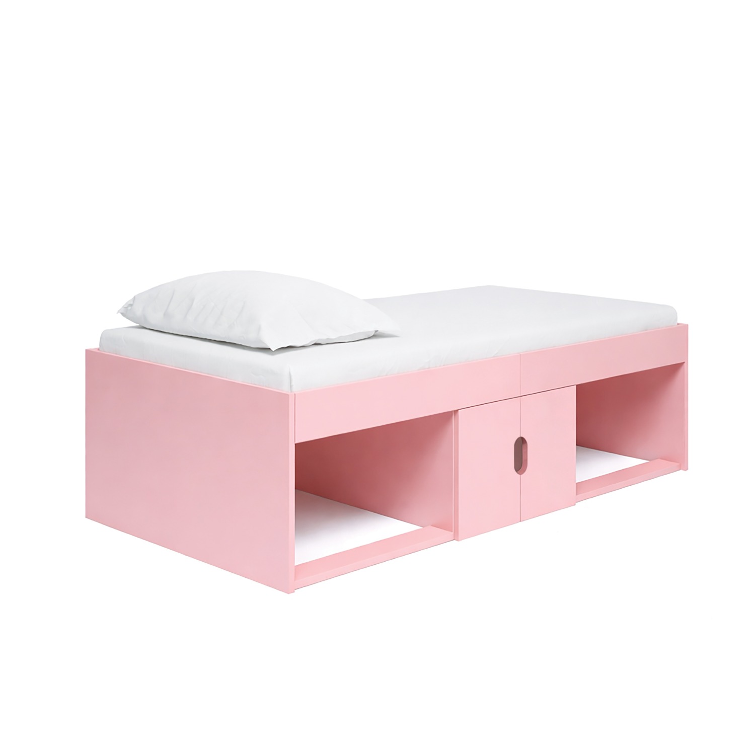 Kudl low pink cabin bed at an angle showing open niches and a central cupboard, white background