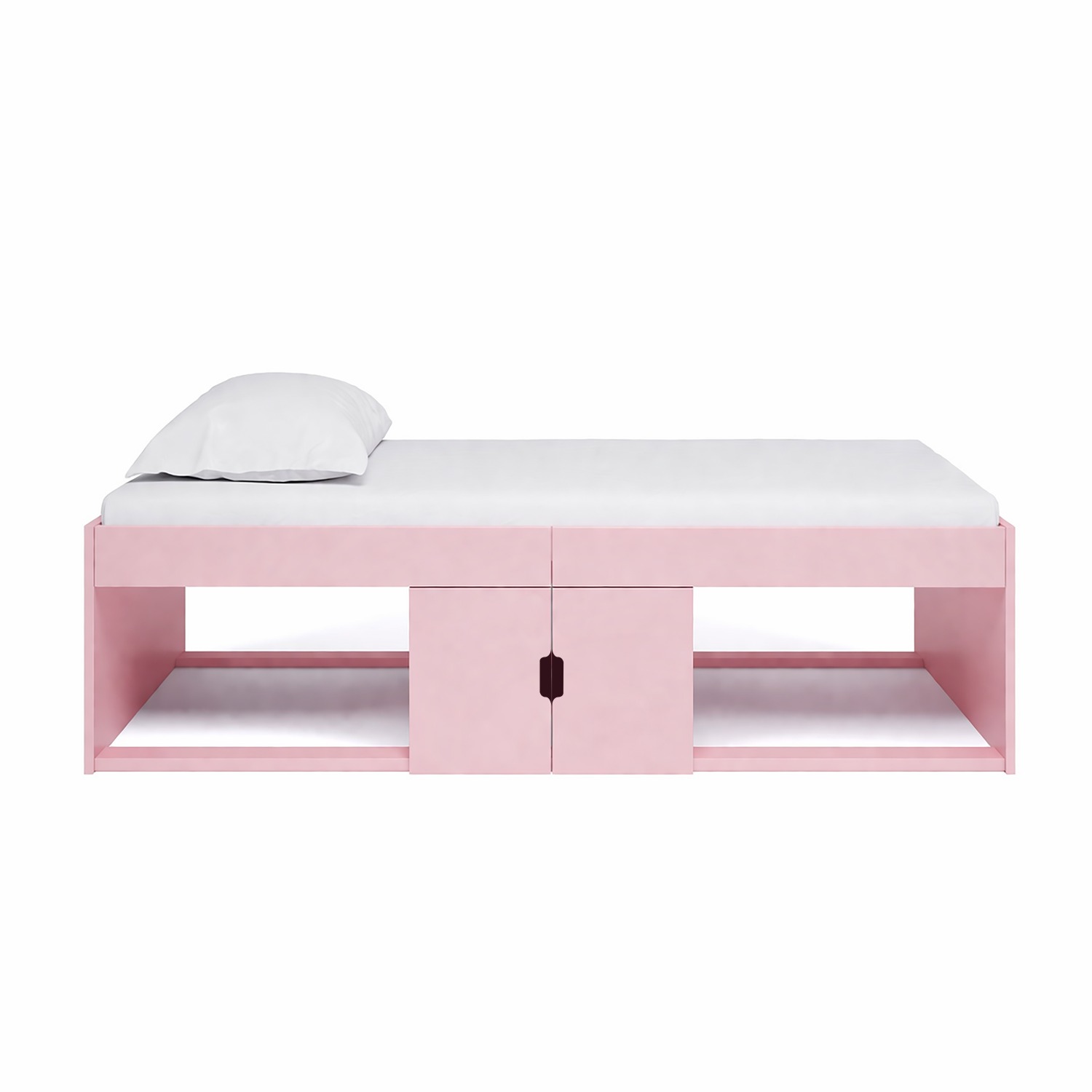 Kudl low pink cabin bed front view with two-door central cupboard, white background