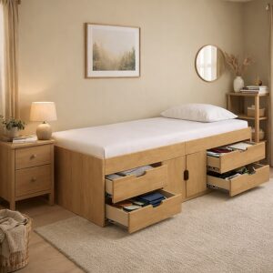 Kudl oak effect multi drawer cabin bed in a bedroom with drawers open, beside an oak bedside table
