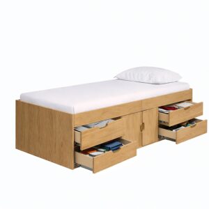Kudl oak cabin bed with all four drawers pulled open to show clothes storage, white background