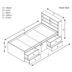 Kudl multi drawer cabin bed with bookcase headboard, front-view diagram: 214 x 96 cm, 100 cm high, drawers open