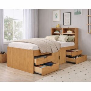 Kudl oak effect multi drawer cabin bed with bookcase headboard in a child's bedroom, drawers open with folded clothes