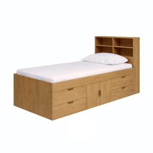 Kudl oak cabin bed with four drawers, central cupboard and four-cubby bookcase headboard on a white background