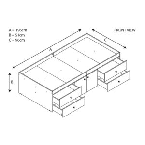 Kudl multi drawer cabin bed front-view line diagram: 196 x 96 cm, 51 cm high, drawers shown open