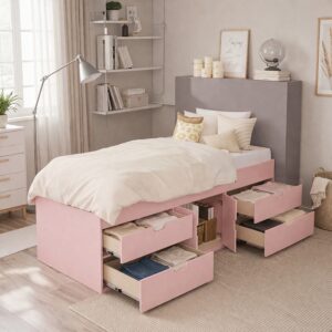 Kudl pink multi drawer cabin bed in a girl's bedroom with drawers and cupboard open to show storage