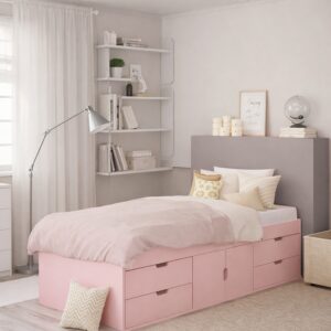 Kudl pink cabin bed styled with cream bedding in a bright bedroom, drawers closed