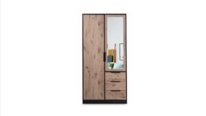 Front view of the Lati 2 door wardrobe 100cm with a mirror on the right door and three drawers