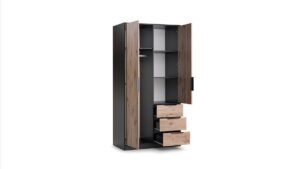 Lati 2 door wardrobe with doors open showing shelves and three open drawers