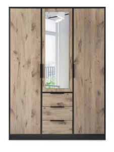 Front view of the Lati 3 door wardrobe 149cm with mirrored centre door above three drawers