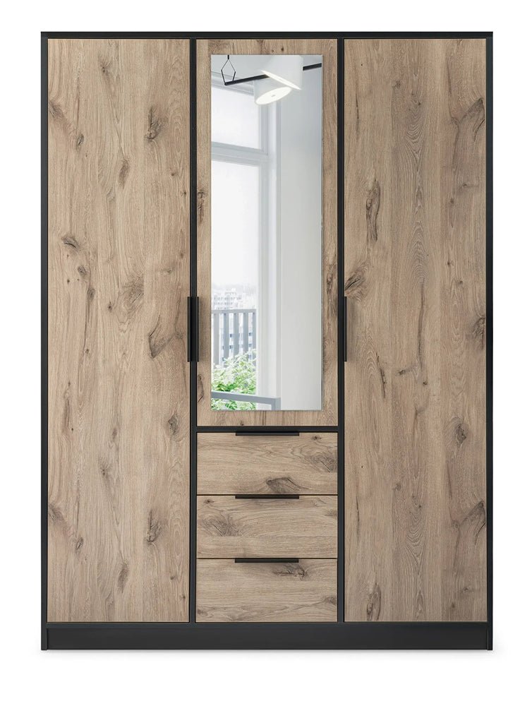 Front view of the Lati 3 door wardrobe 149cm with mirrored centre door above three drawers