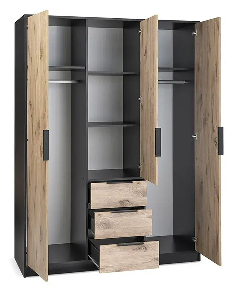 Lati 3 door wardrobe with all doors open showing two hanging rails, centre shelves and open drawers