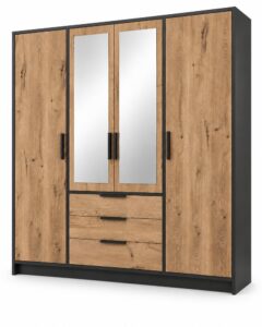 Lati 4 door mirrored wardrobe in Oak Viking with black frame shown at an angle