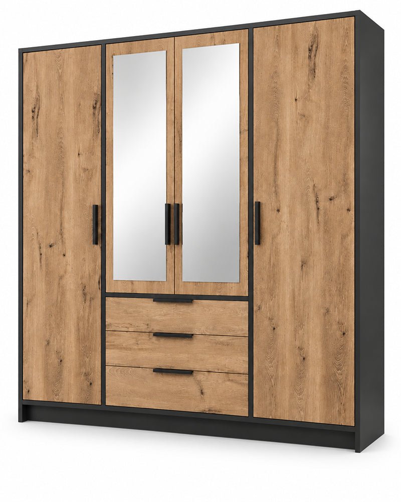 Lati 4 door mirrored wardrobe in Oak Viking with black frame shown at an angle