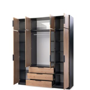 Lati 4 door wardrobe and top unit with all doors open showing hanging rail, shelves and drawers