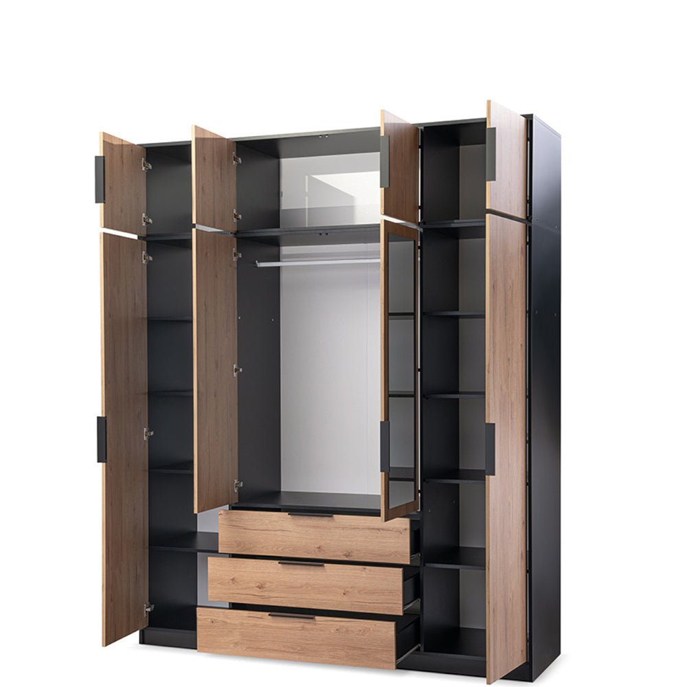 Lati 4 door wardrobe and top unit with all doors open showing hanging rail, shelves and drawers