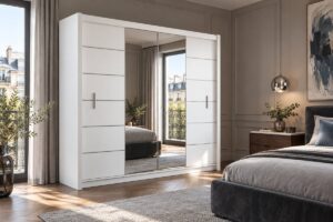 Lizbona II 203cm mirrored sliding wardrobe in White Matt in a bedroom