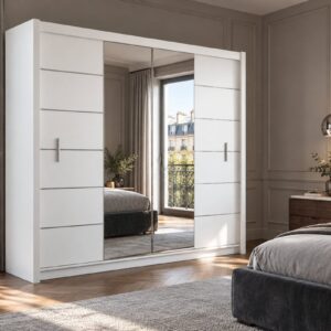 Lizbona II 203cm mirrored sliding wardrobe in White Matt in a bedroom