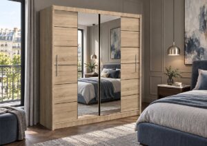 Lizbona II 203cm mirrored sliding wardrobe in Oak Sonoma in a bedroom