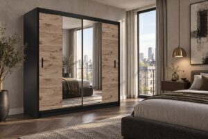 Lizbona II 203cm mirrored sliding wardrobe in Black Matt and Oak Viking in a bedroom