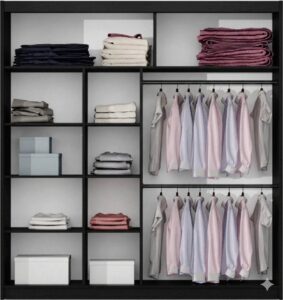 Lizbona II 203cm Black Matt wardrobe interior with shelving and two hanging rails