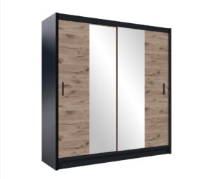 Lizbona II 203cm Black Matt and Oak Viking mirrored wardrobe, angled view
