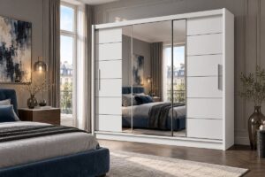 Lizbona II 250cm mirrored sliding wardrobe in White Matt in a bedroom