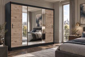 Lizbona II 250cm mirrored sliding wardrobe in Black Matt and Oak Viking in a bedroom