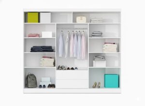Lizbona II 250cm White Matt wardrobe interior with central hanging, two drawers and shelves