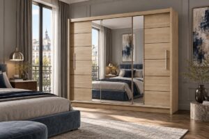 Lizbona II 250cm mirrored sliding wardrobe in Oak Sonoma in a bedroom
