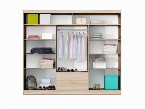 Lizbona II 250cm Oak Sonoma wardrobe interior with shelves both sides and two drawers