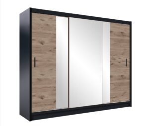 Lizbona II 250cm Black Matt and Oak Viking mirrored wardrobe, angled view